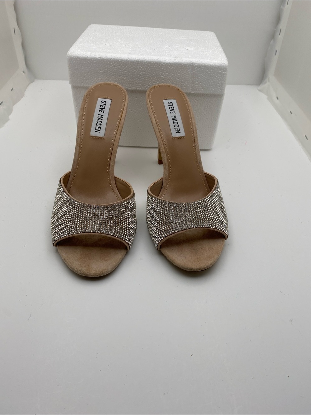 Steve Madden Nude Rhinestone Open-Toe Mule Heels - Picture 2 of 6